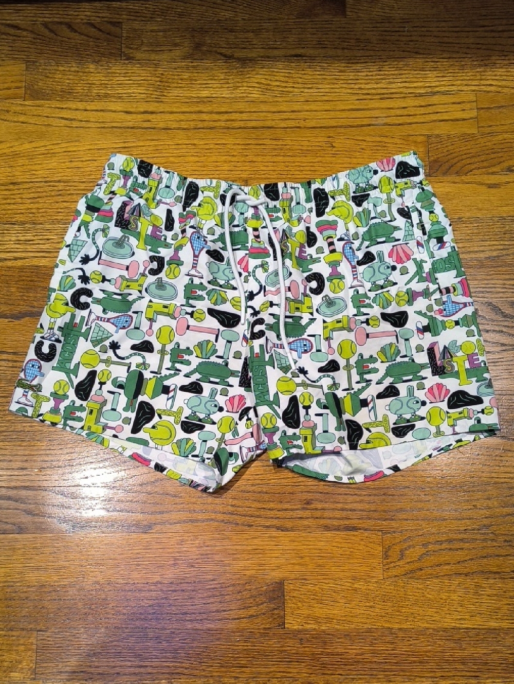 Lacoste White Multicolor Graphic Drawstring Swim Shorts